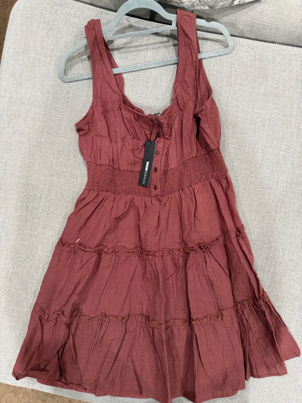 Fashion Nova Wine Tiered Button-Front Dress